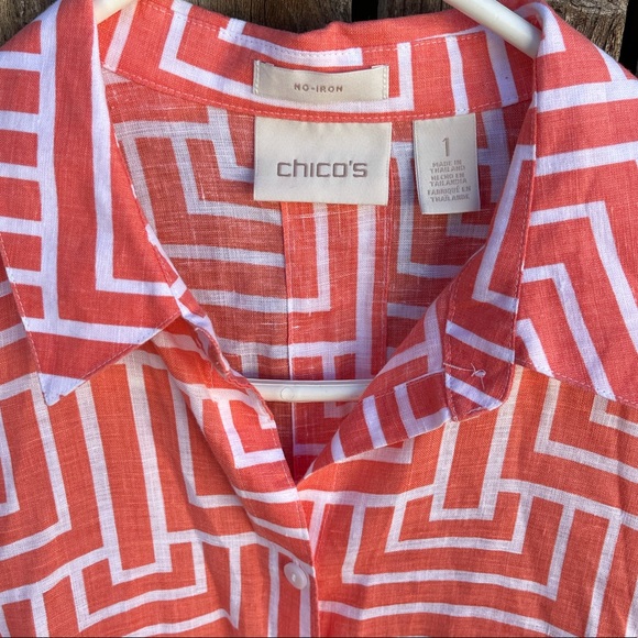 Chicos Linen Shirt 1 No Iron Orange White 3/4 Sleeve - Picture 2 of 7